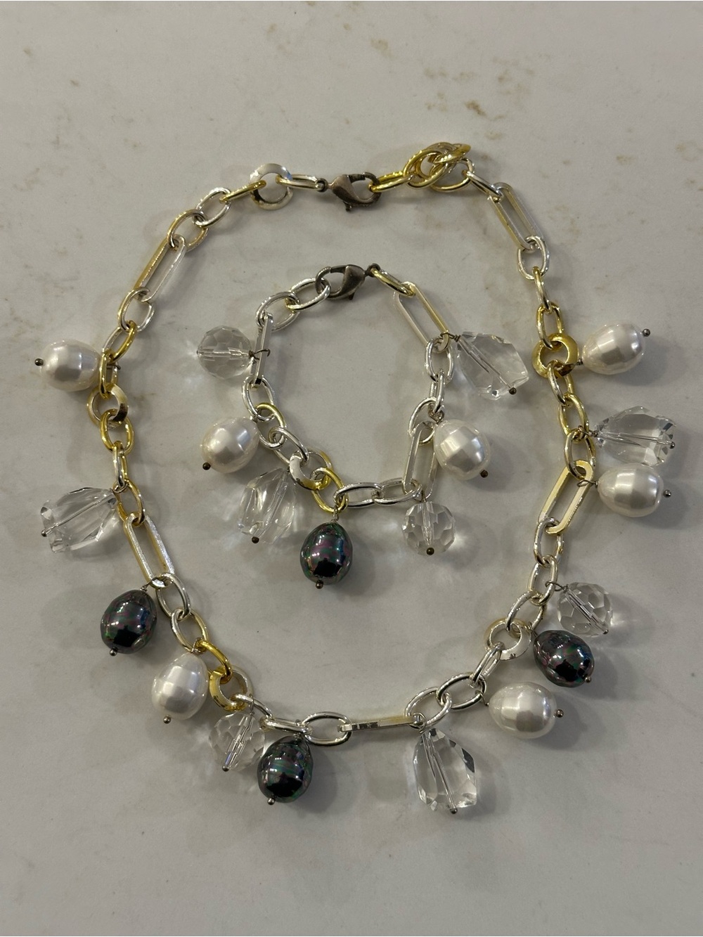 Gold & Silver Chain Pearl and Crystal Charm Necklace and Bracelet Set